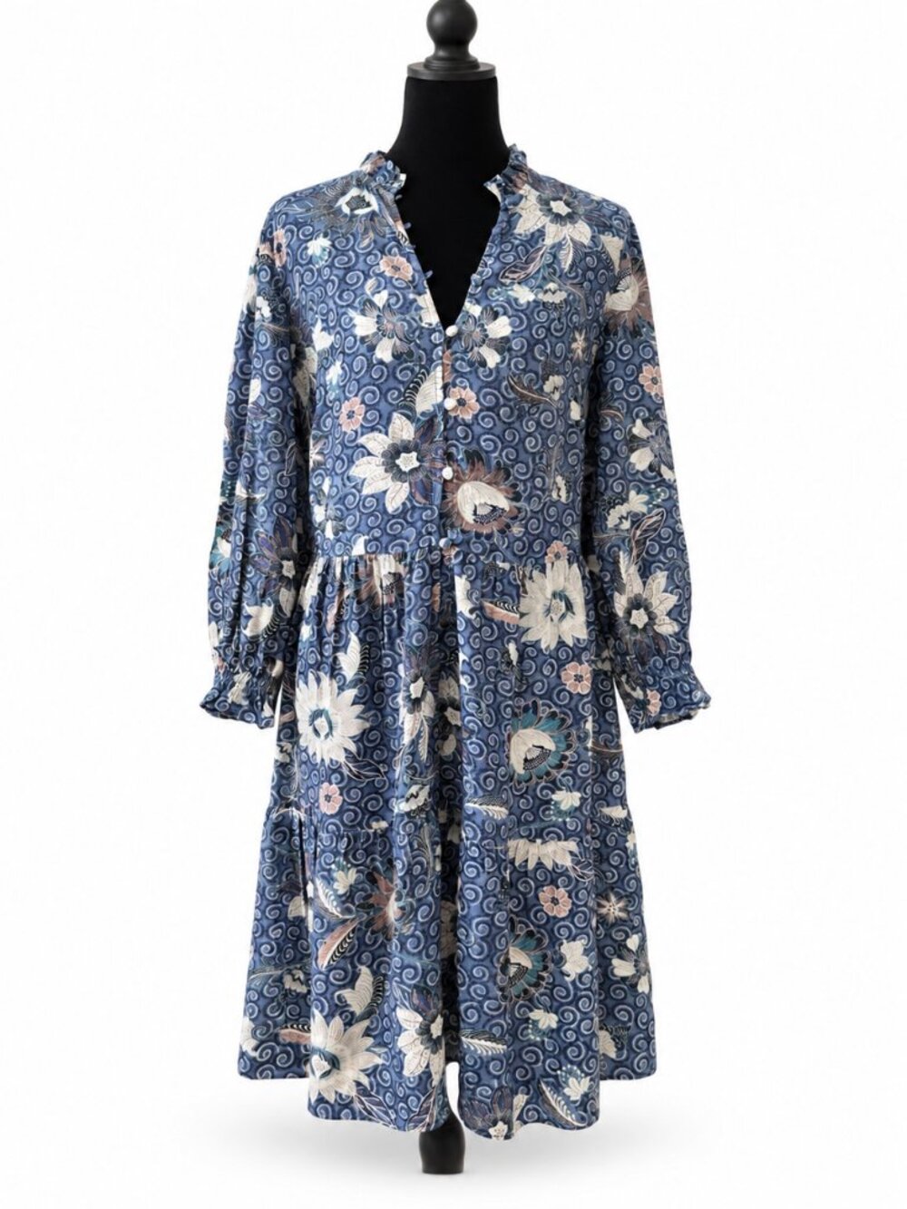 LOFT Blue Floral Long Sleeve Tiered Dress Size M